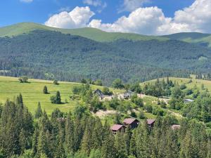 a house in a field with mountains in the background at IZKI Eco Resort in Izki