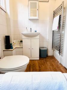 a white bathroom with a toilet and a sink at Gorgeous Studio 15 Minutes from Central London in London
