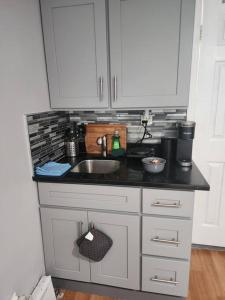 a kitchen with a sink and a counter top at Cozy studio in a lovely area in Forest Hills