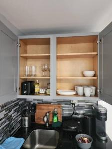 a kitchen with a sink and a counter top at Cozy studio in a lovely area in Forest Hills