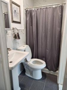 La salle de bains est pourvue d'un lavabo, de toilettes et d'une douche. dans l'établissement Cozy studio in a lovely area, à Forest Hills