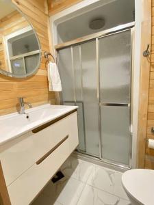 een badkamer met een douche, een wastafel en een spiegel bij chalet Ani in Piopolis