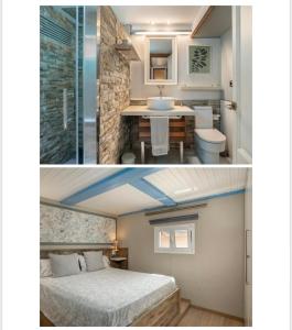 2 fotos de un dormitorio con cama y baño en Bello Alojamiento Noa, en Blanes