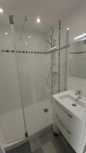 baño blanco con ducha y lavamanos en Studio Cosy - La plage à pied en Capbreton