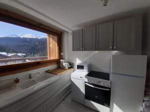 a kitchen with a white refrigerator and a window at Studio Courchevel 1650, 1 pièce, 3 personnes - FR-1-514-33 in Courchevel