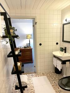 W łazience znajduje się umywalka i lustro. w obiekcie Wisteria Österlen w mieście Simrishamn