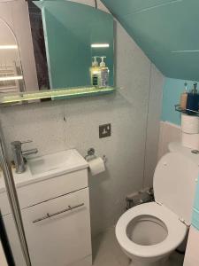 a small bathroom with a toilet and a sink at Beautiful place to live near Heathrow Windsor Legoland & Free Parking Onsite in Burnham