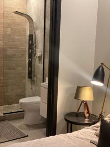 een badkamer met een douche, een toilet en een bed bij Private room & Private bathroom in le Plateau in Montreal