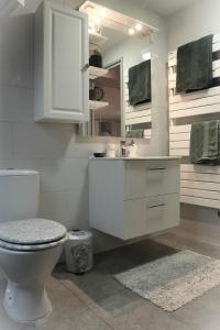 ein Badezimmer mit einem WC, einem Waschbecken und einem Spiegel in der Unterkunft DUPLEX SPACIEUX TOUT CONFORT in Mulhouse