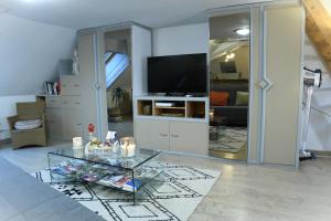 uma sala de estar com uma televisão e uma mesa de vidro em DUPLEX SPACIEUX TOUT CONFORT em Mulhouse