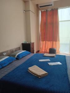 sypialnia z 2 łóżkami z niebieską pościelą i oknem w obiekcie New Saburtalo Star w mieście Tbilisi City