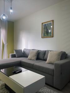 uma sala de estar com um sofá e uma mesa de centro em Prishtina Rent Apartment B Street em Pristina