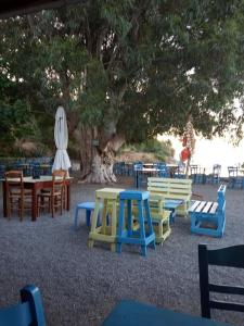 un grupo de mesas y sillas bajo un árbol en Kamares beach room 7, en Kamáres
