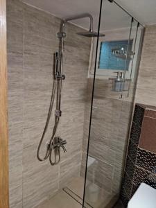 a shower in a bathroom with a glass door at Deluxe Apartment in Korinthos