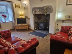 a living room with two couches and a fireplace at Llugwy Cottage in Betws-y-coed