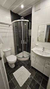 ein Badezimmer mit Dusche, Toilette und Waschbecken in der Unterkunft Victoria Loft in Bowness-on-Windermere