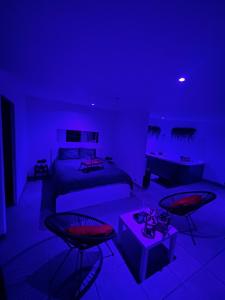 ein Schlafzimmer mit einem Bett und ein lila Zimmer in der Unterkunft Royal’Quality in Boussy-Saint-Antoine