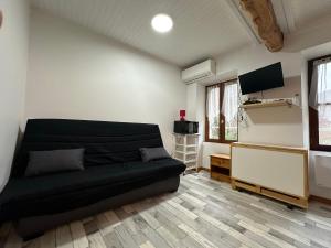 a living room with a couch and a tv at Gîte de l'Eau Vive in Saint-Martin-dʼUriage