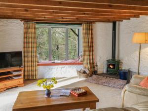 a living room with a couch and a fireplace at Trawsnant Cottage in New Quay