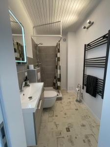 a bathroom with a sink and a toilet and a mirror at Gemütliche EG-Wohnung im Herzen Schleswig-Holsteins in Neumünster