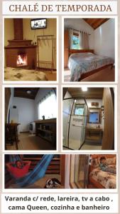 four pictures of a room with a bed and a fireplace at Cabanas da Fazenda in Visconde De Maua