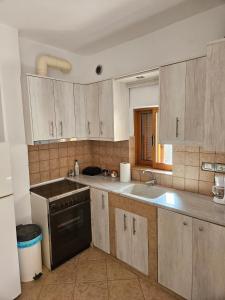 uma cozinha com armários de madeira e um lavatório em Rigas stone tower east Mani 3 em Mína