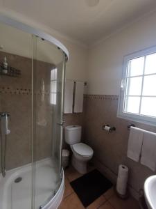 a bathroom with a shower and a toilet and a sink at Casa das Palmeiras in São Vicente Ferreira