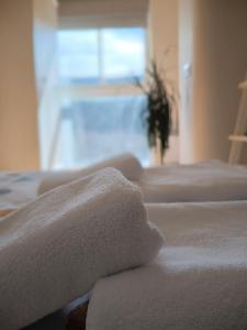 una fila de camas blancas en una habitación en Ideal Parejas - Tranquilidad y naturaleza - Vistas al lago en Osséja