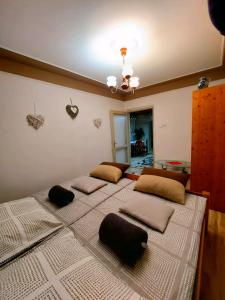 ein Schlafzimmer mit 4 Betten und Kissen darauf in der Unterkunft Kata Vendégház in Sátoraljaújhely