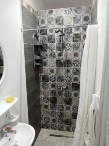 uma casa de banho com um chuveiro e um lavatório. em Appartement S+0 a borj cedria erriadh em Potinville