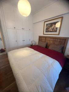 a bedroom with a large bed with a red blanket at Maria Louiza apartment NEAR CENTER in Athens
