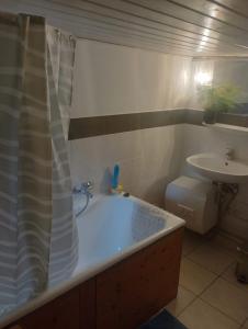 a bathroom with a bath tub and a sink at Hexen Haus in Burghaslach