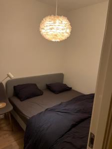 a bedroom with a bed and a chandelier at Cozy apartment 2 stops-15 mins away from city center in Stockholm