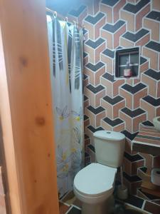 uma casa de banho com um WC e uma parede em Cabaña con Jacuzzi ilimitado/BBQ/Hermosas vistas em San Vicente