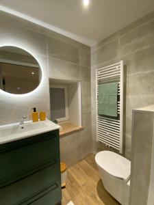a bathroom with a sink and a toilet and a mirror at L'Appart in La Chapelle-aux-Bois