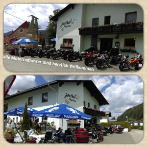 two pictures of a building with motorcycles parked in front of it at Gasthof Papillon in Möderbrugg