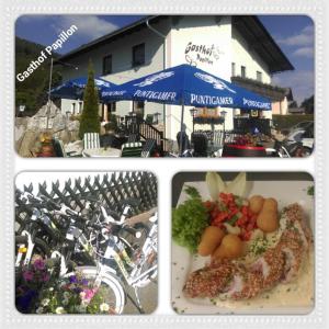 a collage of three pictures of food on a plate at Gasthof Papillon in Möderbrugg