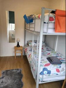 a bedroom with two bunk beds with a mirror at The Salty Sea Dog - Dog friendly and 2 minutes walk to the beautiful, golden beach in Bridlington