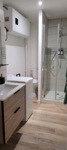 a bathroom with a white sink and a shower at Studio vue dégagée avec parking privé & balcon in Rochefort