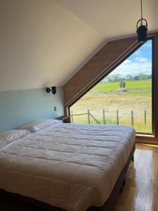 a bedroom with a large bed with a large window at Refugio Sereno in Puerto Octay