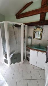 een badkamer met een glazen douche en een wastafel bij Le Moulin de Chamouilley in Chamouilley
