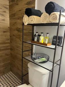 een badkamer met een toilet en handdoeken op een plank bij 5 Mins from Clearwater Beach with Free Wi-Fi & TV in Clearwater