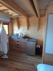 a kitchen in a log cabin with a refrigerator at Glamping Čelig 