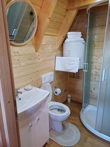 a bathroom with a toilet and a sink and a shower at Glamping Čelig 