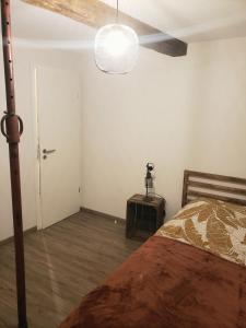 - une chambre avec un lit et un ventilateur de plafond dans l'établissement Emile&Jeanne - Centre - 2 chambres - Wifi, Netflix, à Wissembourg