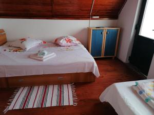 ルンカにあるPensiunea Taniaのベッドルーム1室(ベッド1台、青いキャビネット付)