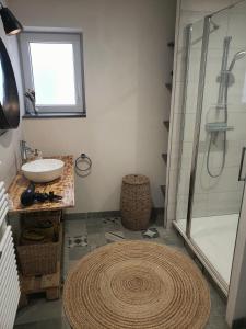 uma casa de banho com um lavatório e uma cabina de duche em vidro. em Emile&Jeanne - Centre - 2 chambres - Wifi, Netflix em Wissembourg