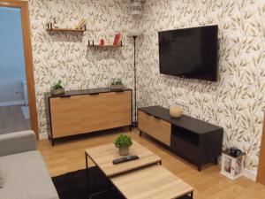uma sala de estar com uma televisão de ecrã plano na parede em Apartamento Peace Home Astillero em El Astillero