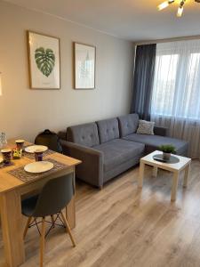 uma sala de estar com um sofá e uma mesa em Mieszkanie w centrum z oddzielną sypialnią em Płock