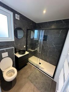 a bathroom with a toilet and a shower at Luxe boshuisje Arlo in Ermelo! in Ermelo